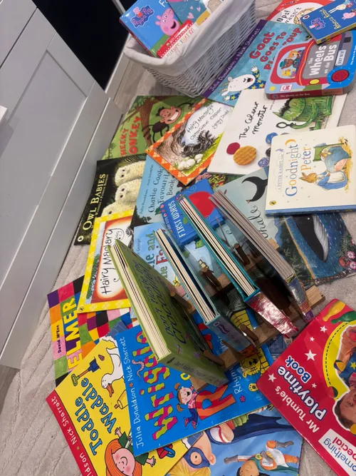 A wide selection of children's picture books spread on the floor
