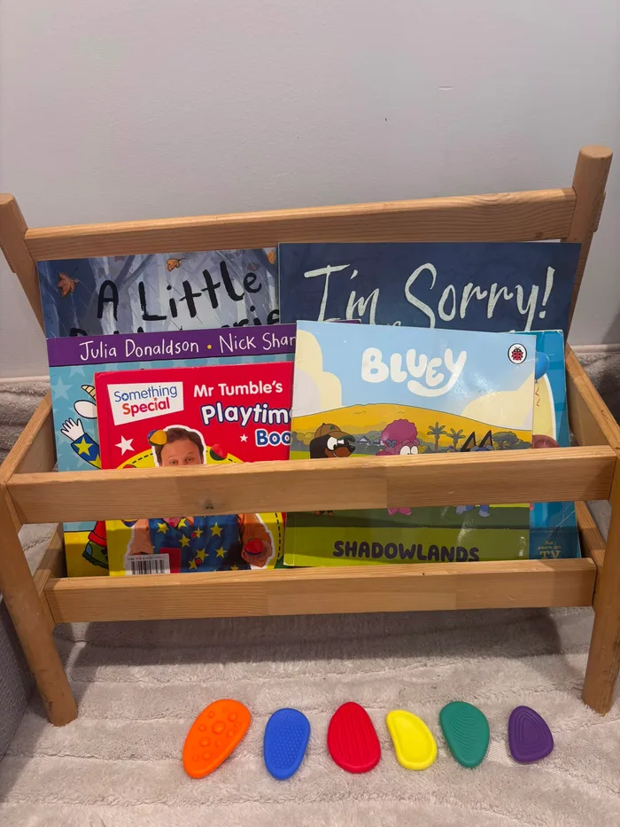 A wooden book stand with picture books and a row of balance stepping stones